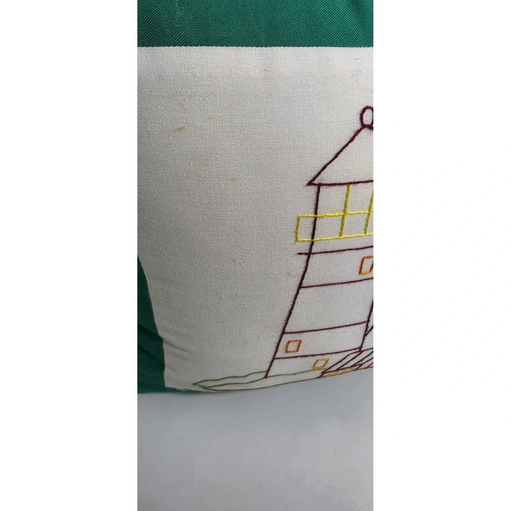 Double sided Hand Embroidered Lighthouse Nautical Throw Pillow Green 11